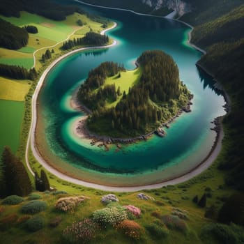 Aerial view of a heart-shaped island in a turquoise lake. A high-quality AI-generated photo.