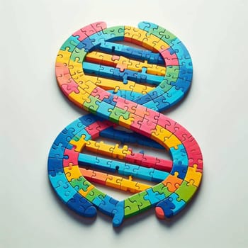 A DNA double helix constructed from colorful puzzle pieces. A high-quality AI-generated photo.