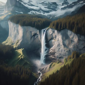 A tall waterfall cascading down a cliff face, surrounded by lush green forests and snow-capped mountains. A high-quality AI-generated photo.