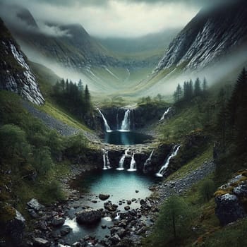 A secluded valley with waterfalls and a lake, surrounded by mountains and mist. A high-quality AI-generated photo.