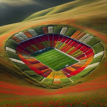 A soccer stadium made entirely of flowers in a field. A high-quality AI-generated photo.