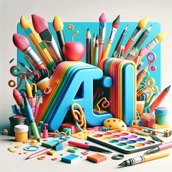 A 3D rendering of the letters AI surrounded by art supplies. A high-quality AI-generated photo.