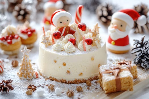 Small cheesecake decorated for christmas with festive figurines and whipped cream, surrounded by small pastries and powdered sugar