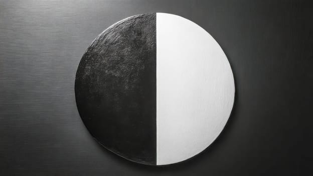Perfectly halved black and white circle symbolizing duality, contrast, and balance, resting on a dark textured surface, creating a visually striking representation of opposing forces