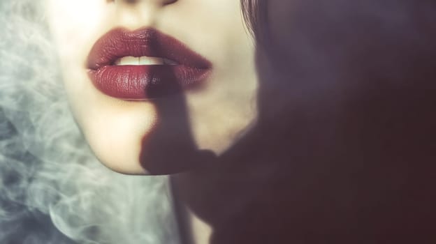 Close up of a woman's lips with dark red lipstick, a finger shadow casting a shhh gesture across her face, creating a mysterious and intriguing atmosphere against a smoky backdrop
