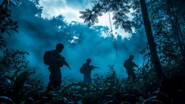 Soldiers patrol jungle in mist, blending with trees, creating intense atmosphere of conflict and security