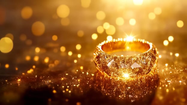 Luxurious golden ring sparkles on a golden glittering background, creating a glamorous and festive atmosphere, perfect for luxury, jewelry, and celebration themes