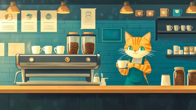 Charming cartoon illustration of a ginger tabby cat barista expertly serving a cup of coffee in a welcoming cafe, complete with coffee machine, beans, and mugs