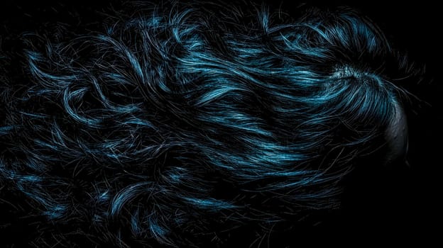 Long, tangled, and damaged dark hair with blue highlights floats against a black background, creating a moody and mysterious atmosphere