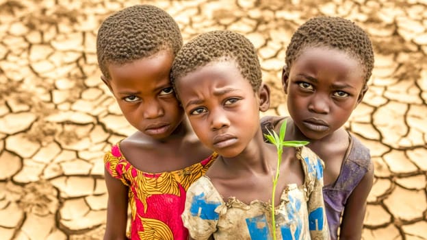 Three children holding a small green plant are standing in front of a vast area of cracked, dry, and barren land in burkina faso, highlighting the devastating effects of drought and desertification