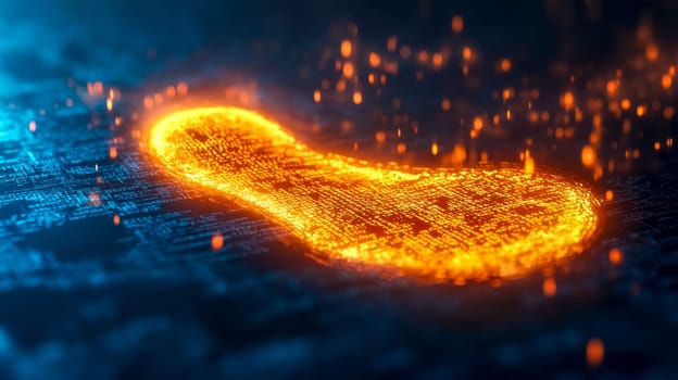 Orange glowing fragmented footprint made of binary code is hovering over dark blue digital background symbolizing digital trail, digital footprint, online presence, and cybersecurity