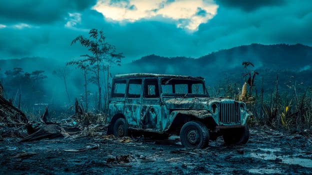 Abandoned, weathered military vehicle sits amidst debris and wreckage in a disaster zone, under a dark and stormy sky, evoking a sense of destruction and abandonment