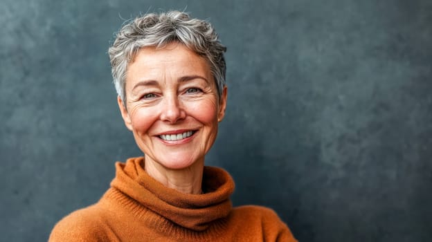 Confident and stylish mature woman with short gray hair, wearing an orange sweater, smiles broadly against a dark background, exuding warmth and vitality