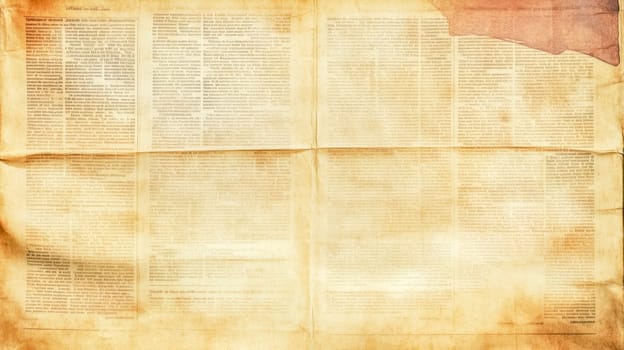 Folded and torn retro newspaper page shows vintage paper texture and unreadable text, creating an antique background for historical concepts