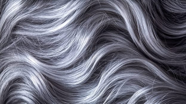 Elegant gray hair texture with wavy pattern, highlights, shadows. Shiny strands flow gracefully, adding glamour to designs. Perfect for beauty, fashion projects