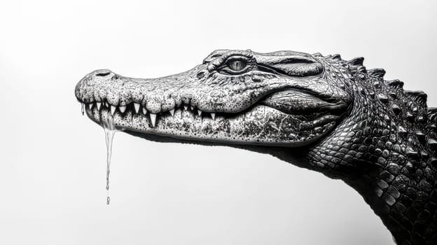Crocodile shedding exaggerated tears on a minimalist white background, creating a striking visual metaphor for insincere remorse or fake sadness