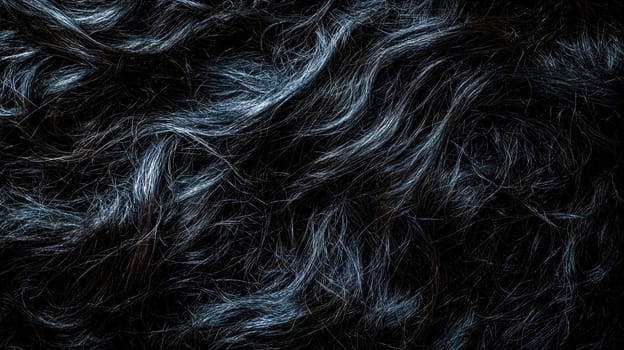 Close up of tangled, damaged dark hair with an eerie blue tint creates a moody and mysterious atmosphere, suitable for beauty, horror, or fantasy themes