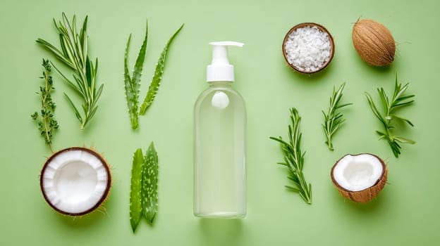 Natural hair care set with dispenser bottle, coconut, aloe vera, herbs, and sea salt on green background, promoting organic beauty products