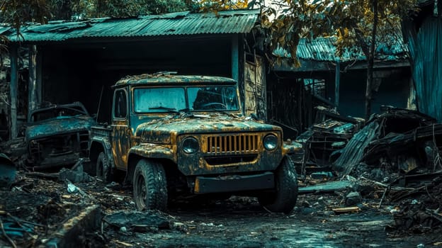Old, rusty, and abandoned military vehicle sits in front of a dilapidated and destroyed building, possibly a consequence of war or disaster