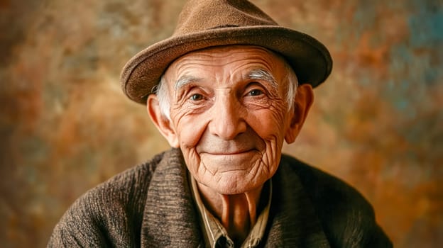 Close up portrait of a cheerful elderly farmer wearing a hat, his face etched with wrinkles and wisdom, conveying a sense of pride and contentment against a rustic backdrop