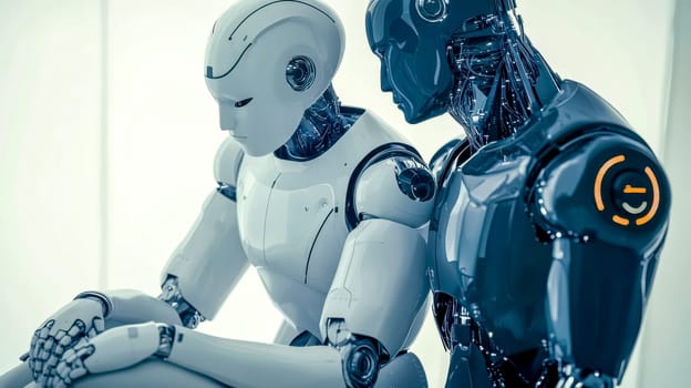 Two humanoid robots are sitting side by side, both with their heads bowed and a contemplative expression, conveying a sense of sadness, disappointment, or introspection