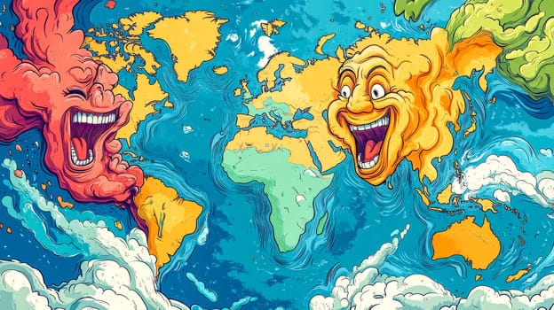 Cartoon style illustration of a world map featuring continents depicted as expressive cartoon faces, conveying a range of emotions through exaggerated features and dynamic colors