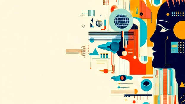 Abstract illustration depicting the convergence of artificial intelligence and big data, symbolizing the transformative impact of technology on the future with geometric shapes and vibrant colors
