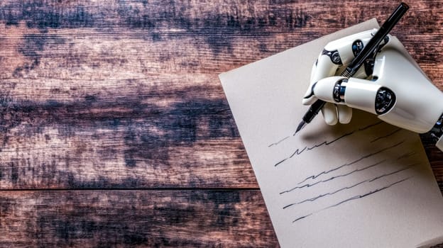 Robotic hand holds a fountain pen and writes lines on a sheet of paper placed on a wooden table, showcasing the concept of artificial intelligence in creative writing
