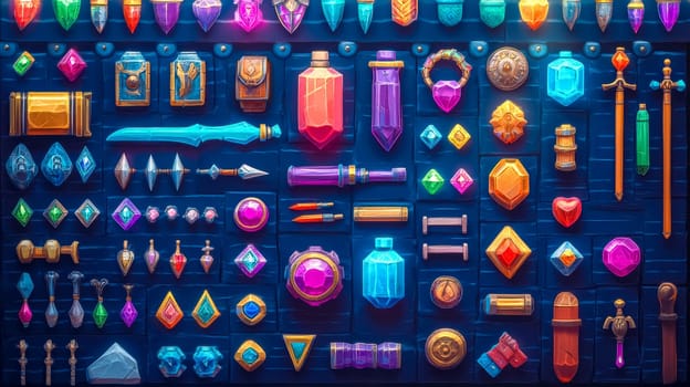 Organized inventory screen displays colorful items, gems, and equipment, creating a visually engaging and exciting atmosphere for a role playing video game