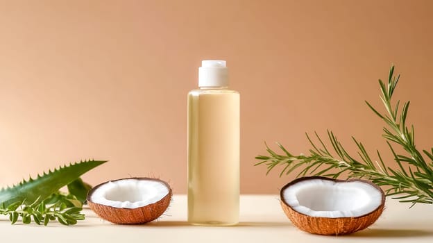 Promoting natural beauty and hair wellness with a bottle of hair care product, coconut, aloe vera, and rosemary, embodying organic self care