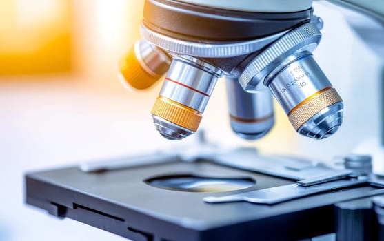 Close-up of microscope lenses in a scientific laboratory, symbolizing precision, research, and technological advancement in various fields.