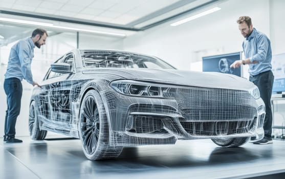 Two automotive engineers examining a 3D wireframe model of a car in a high-tech design studio, showcasing advanced car design technology.