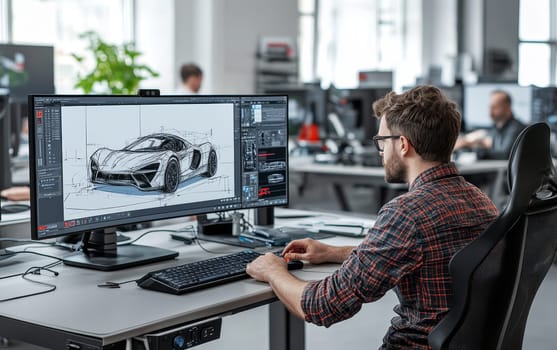 Car designer working on a digital sketch of a sports car using a large monitor and graphics tablet in a modern office environment.