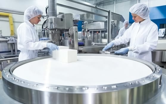 Two workers in protective gear operating a pharmaceutical production line with sterile equipment and circular packaging platform in modern facility.