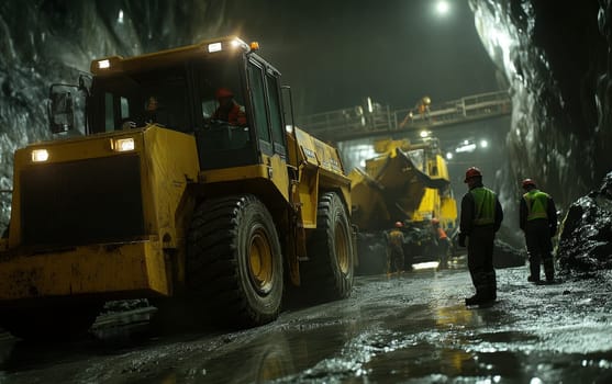 Large yellow mining equipment operating in a dimly lit underground tunnel, with workers in safety gear visible in the background.