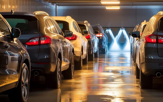 Row of high-end cars parked in a sleek, well-lit underground parking garage, reflecting on the polished floor and showcasing automotive luxury.