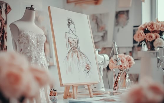 Elegant wedding dress sketch on an easel with a mannequin and floral decorations in a bridal design studio, showcasing fashion creativity.