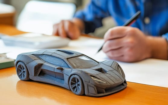 Close-up of a clay model sports car on a wooden desk with hands working on it, showcasing automotive design process and craftsmanship.