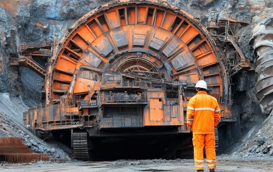 Enormous orange mining machine with worker in foreground, showcasing scale of industrial excavation operations in rocky open pit mine.