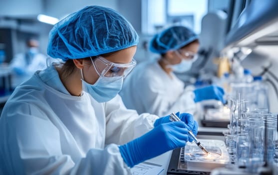 Scientists in protective equipment conducting experiments in advanced laboratory with test tubes and specialized equipment, showcasing medical research.