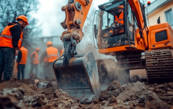 Close-up of an excavator bucket with workers in bright safety vests in the background, showcasing heavy machinery and construction activity.