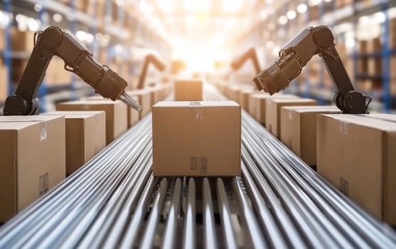 Robotic arms working on a conveyor belt with cardboard boxes in a modern automated warehouse, symbolizing the future of logistics and distribution.