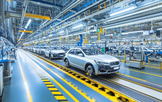 Futuristic car manufacturing facility with partially assembled vehicles on conveyor belt, surrounded by robotic equipment and bright industrial lighting.