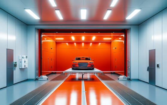 Orange luxury sports car on a platform in a futuristic testing facility with bright lighting, showcasing automotive quality control and engineering.