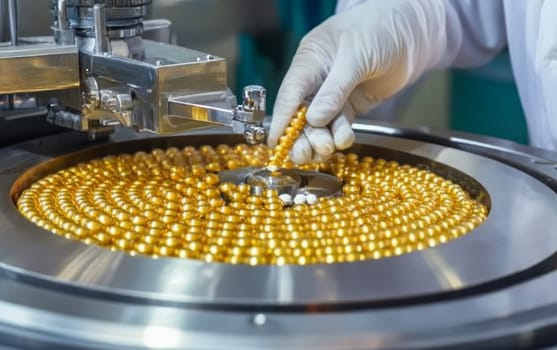 Close-up of gloved hands arranging golden capsules on a circular tray, demonstrating precision in pharmaceutical production.