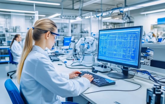Young female scientist working on computer in modern laboratory with advanced equipment, showcasing technological innovation in scientific research.