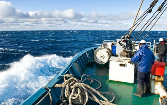 Fishing boat deck with crew members working amidst choppy waves and sea spray, highlighting the challenges of maritime industry.