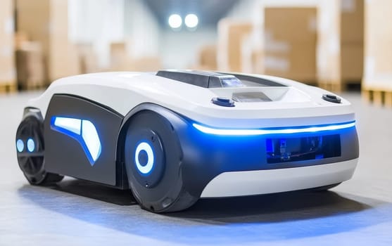 High-tech autonomous robot with glowing blue lights navigating through a warehouse filled with cardboard boxes, showcasing advanced logistics technology.