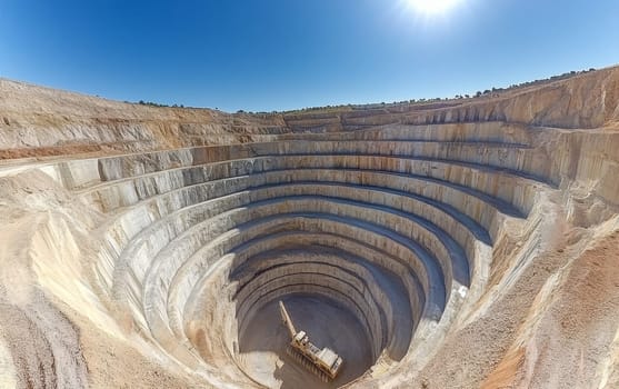 Aerial view of a colossal circular open-pit mine with descending terraced levels, showcasing large-scale mineral extraction operations in an arid landscape.