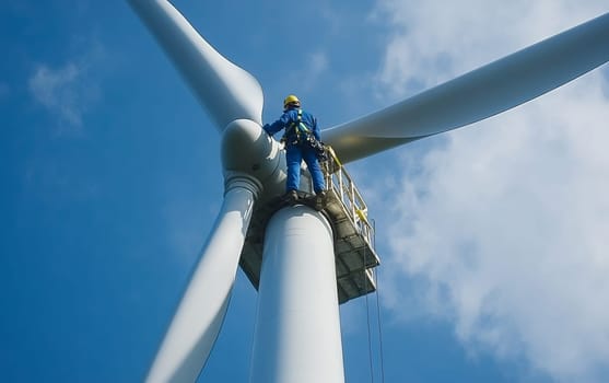 Maintenance worker in safety gear inspecting a massive wind turbine blade against a blue sky with clouds, showcasing the scale of renewable energy technology.
